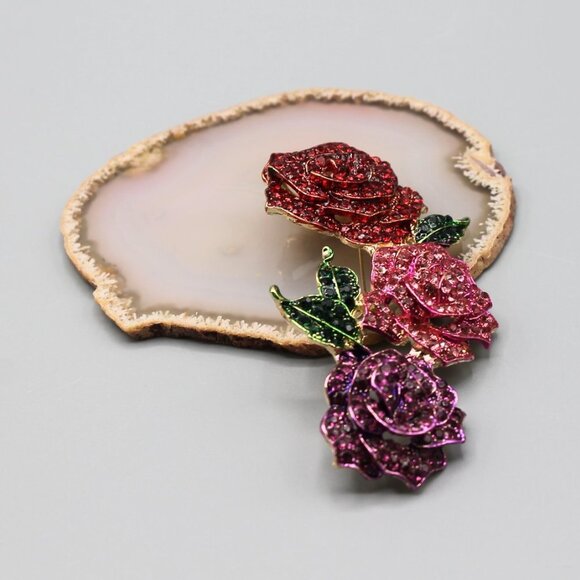 Jewelry pin brooch rose roses flower large gold tone pink red purple fashion - Picture 3 of 12